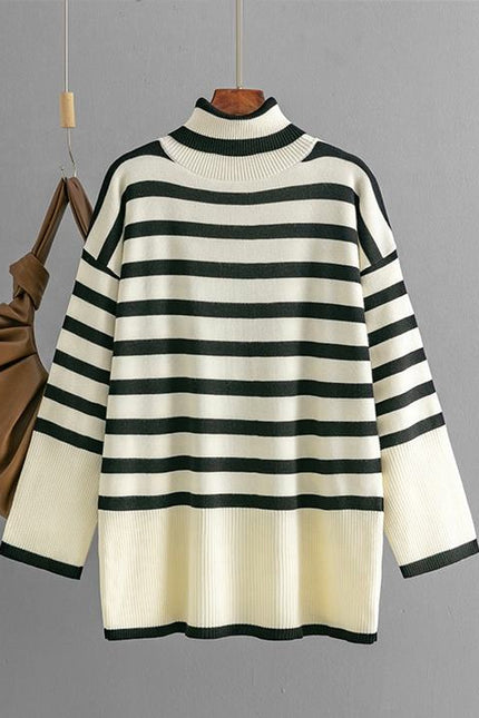 Women's Turtleneck Striped Pullover Sweater Large Size Loose Casual Knit Top Street Wear Long Sleeve Fashion Basic Sweater