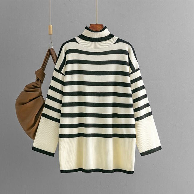 Women's Turtleneck Striped Pullover Sweater Large Size Loose Casual Knit Top Street Wear Long Sleeve Fashion Basic Sweater