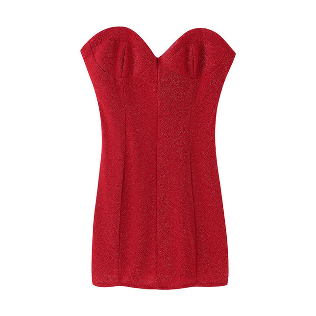 2 Colorway Strapless Red Color Back Lace up Sleeveless Casual Fashion Mini Dress for Women