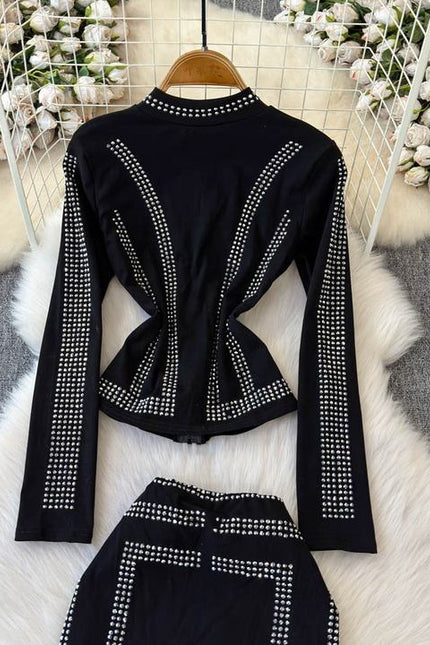 Spring and Autumn New Hot Diamond Cardigan Zipper Top+Hot Diamond A-line Skirt Internet Red Two Piece Set for Women