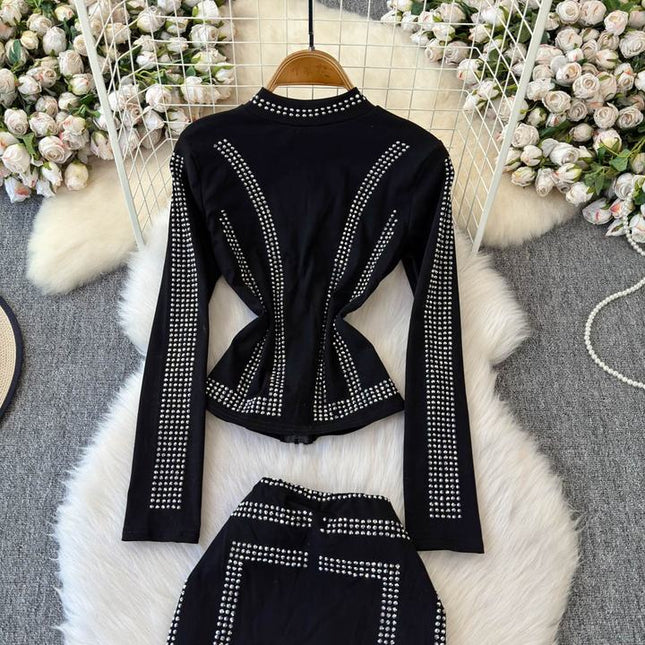 Spring and Autumn New Hot Diamond Cardigan Zipper Top+Hot Diamond A-line Skirt Internet Red Two Piece Set for Women