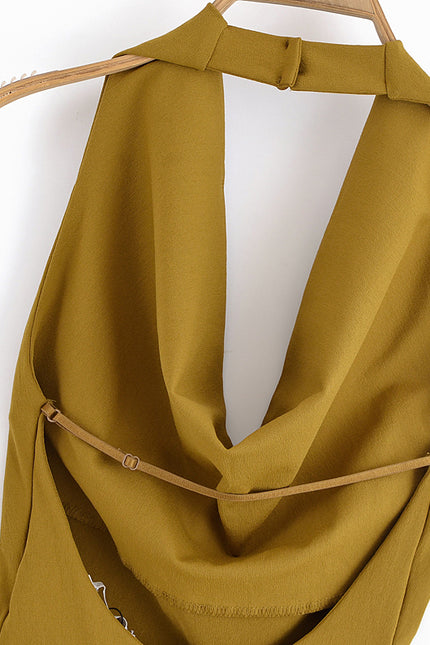 Back Hollow Out Sleeveless Khaki Color Casual Fashion Summer Mini Halter Dress for Women