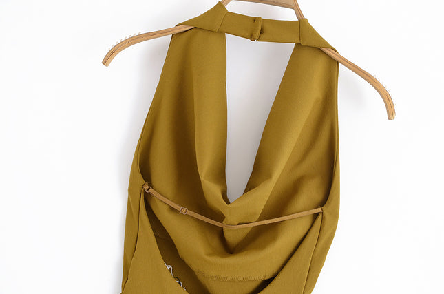Back Hollow Out Sleeveless Khaki Color Casual Fashion Summer Mini Halter Dress for Women