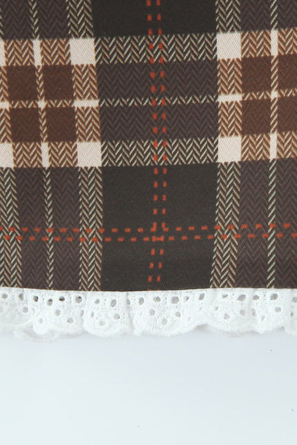 Plaid print brown color front lace up sleeveless casual fashion women's halter tank top