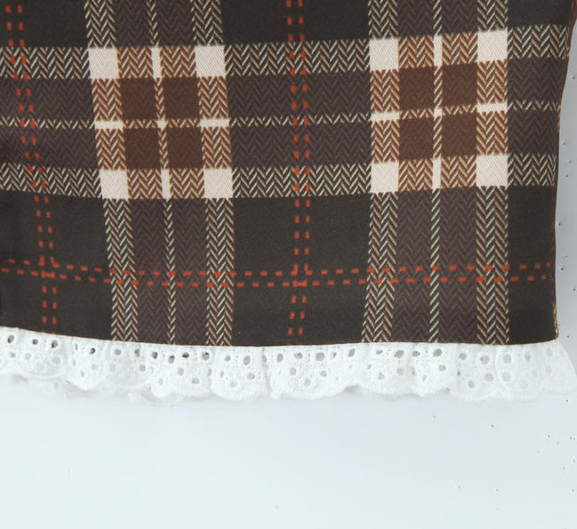 Plaid print brown color front lace up sleeveless casual fashion women's halter tank top