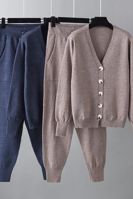 Wholesale 2023 Autumn and Winter New V-neck Cardigan Sweater Harem Pants Solid Color Cardigan Sweater Women's Set