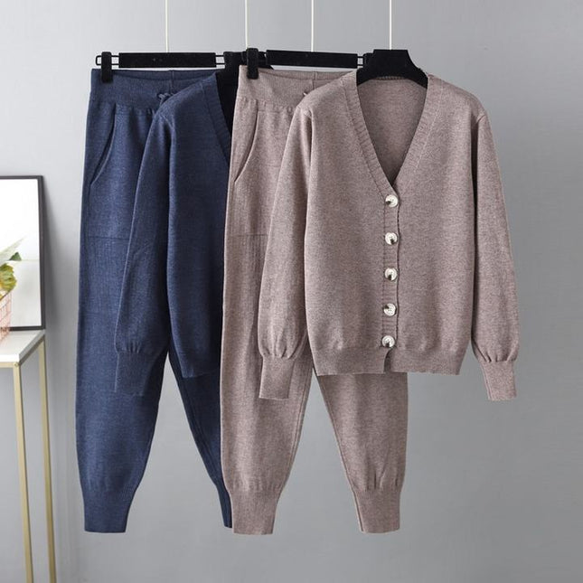 Wholesale 2023 Autumn and Winter New V-neck Cardigan Sweater Harem Pants Solid Color Cardigan Sweater Women's Set