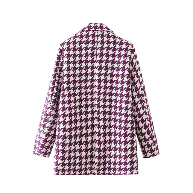 Purple Color Swallow Grid Design Double Breasted Notched Collar Long Sleeve Sexy Elegant Women Fashion Casual blazer