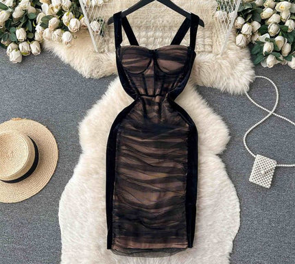 Vintage Mesh Pleated Splicing Sheath Slimming Gown Dresses