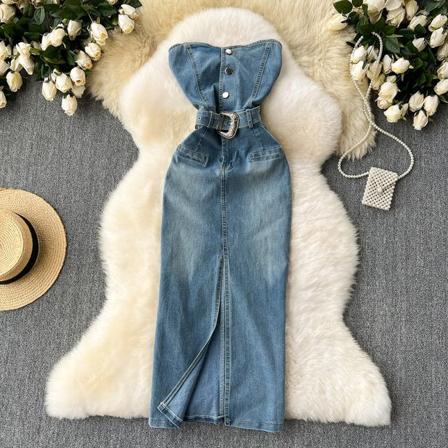 Sleeveless Sheath Women Summer New American Tight Split Denim Dresses