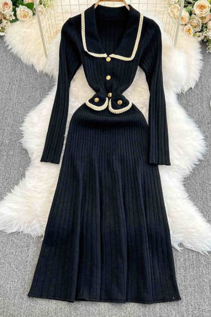 Mulheres Outono Inverno Com Comprimento Médio Vintage Doll Collar Cintura Slimming Knit Dress