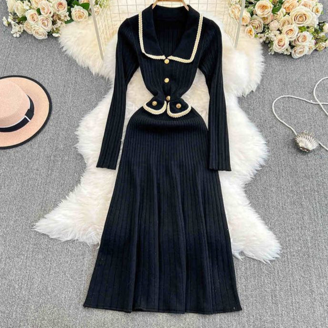 Mulheres Outono Inverno Com Comprimento Médio Vintage Doll Collar Cintura Slimming Knit Dress