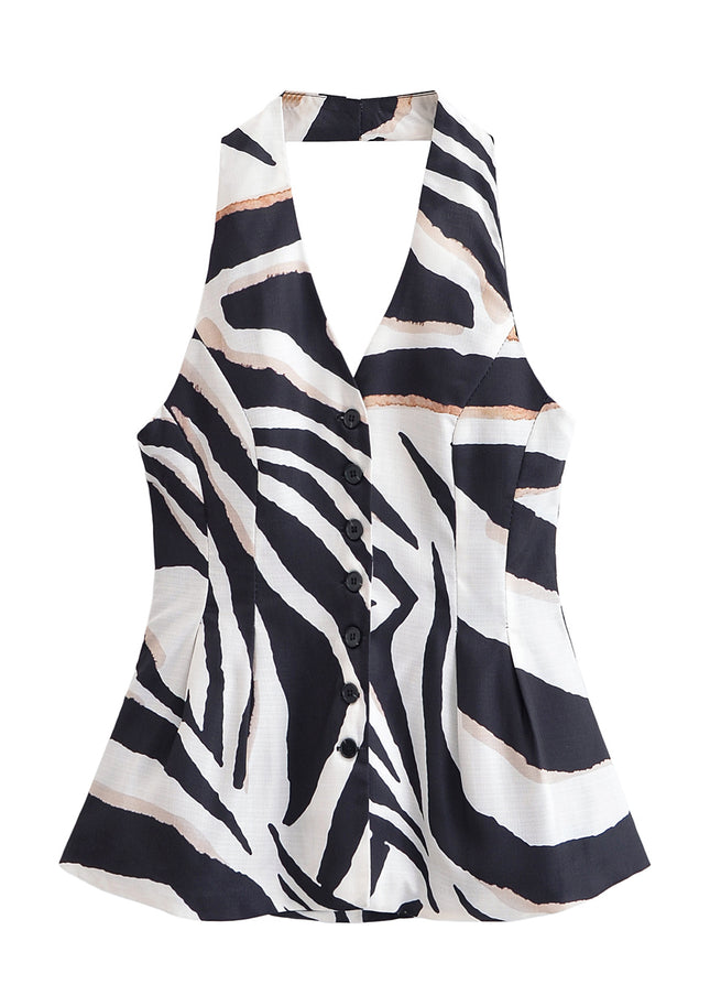Single Breasted Black White Color Print Back Hollow Out Casual Fashion Halter Vest Waistcoat for Women