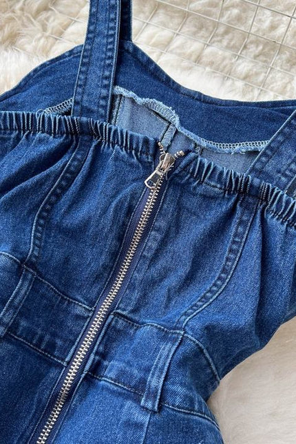 Retro Spice Style Halter Top Denim Jumpsuit Women's Summer Waist Slim-Fit Wide-Leg Pants