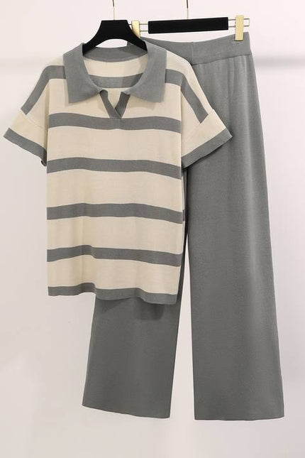 New Summer Colored Casual Fashion Knitted Top Loose Wide Leg Pants Knitted Set
