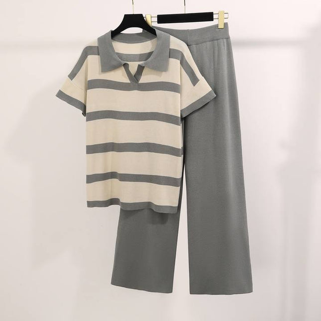 New Summer Colored Casual Fashion Knitted Top Loose Wide Leg Pants Knitted Set