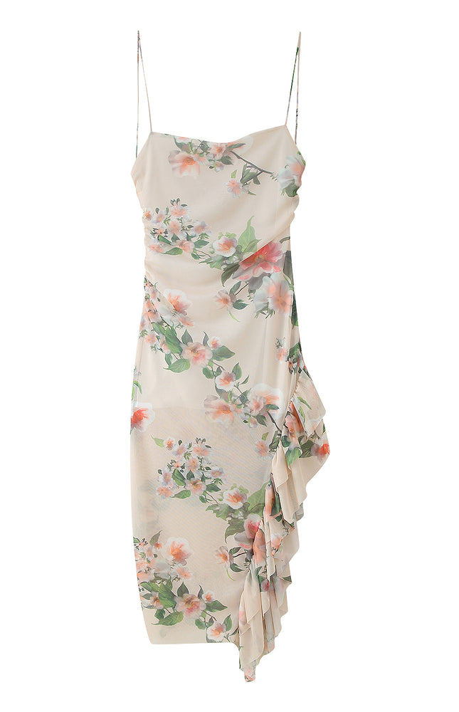 Asymmetrical Design Floral Print Spaghetti Strap Hot Sale Casual Fashion Summer Mini Dress for Women