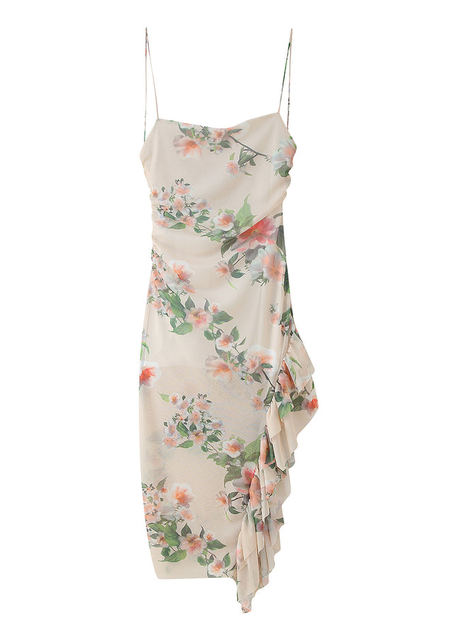 Asymmetrical Design Floral Print Spaghetti Strap Hot Sale Casual Fashion Summer Mini Dress for Women