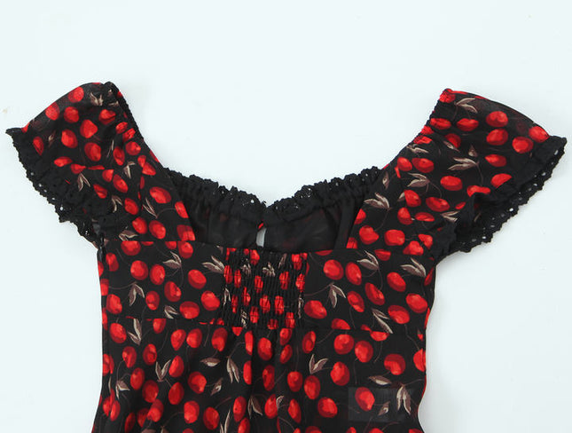 Fruit Print Black Red Color Front Lace up Casual Fashion Women's Crop Top