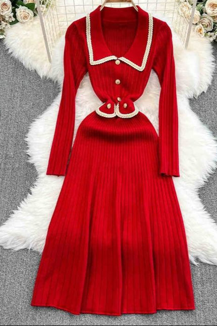 Mulheres Outono Inverno Com Comprimento Médio Vintage Doll Collar Cintura Slimming Knit Dress