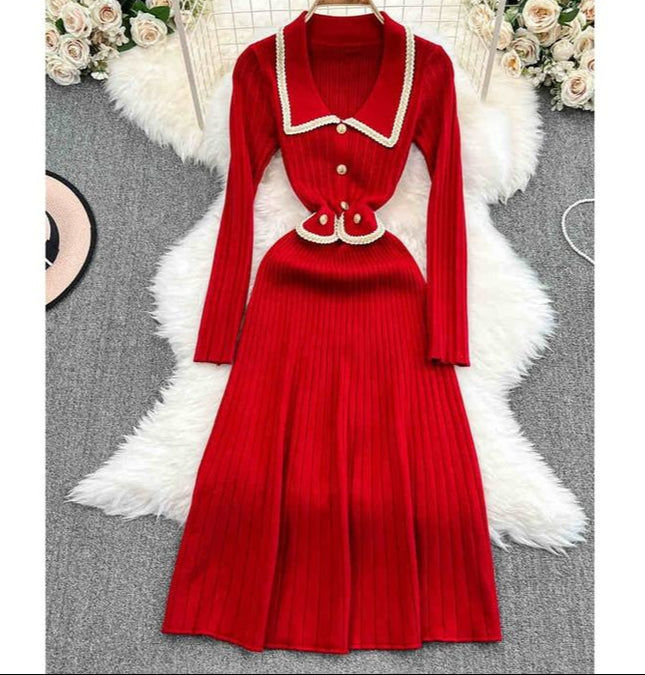 Mulheres Outono Inverno Com Comprimento Médio Vintage Doll Collar Cintura Slimming Knit Dress