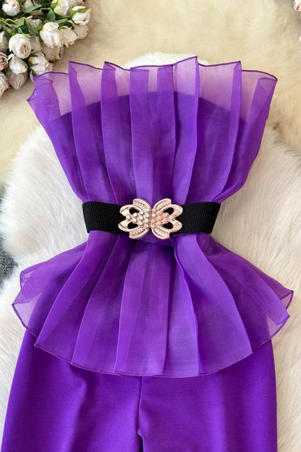 Elegant and Sexy Mesh Spliced One Shoulder Ruffled Edges Cinched Waist for Slimming Jumpsuit