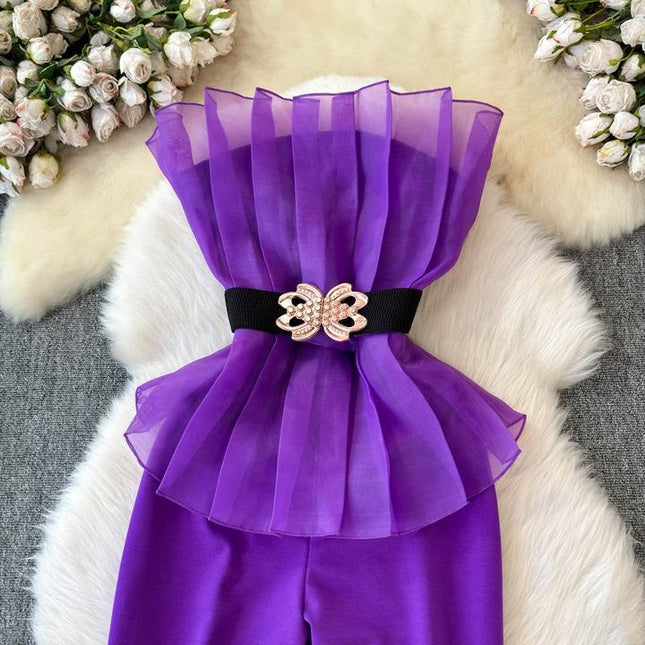 Elegant and Sexy Mesh Spliced One Shoulder Ruffled Edges Cinched Waist for Slimming Jumpsuit
