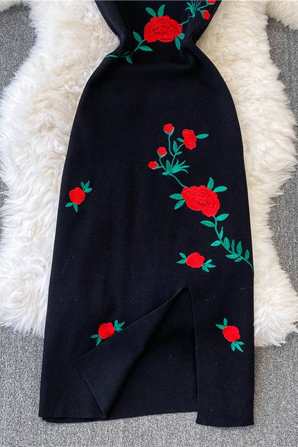 New Rose Embroidered Black Skinny Knitted Strap Split Dress for Women