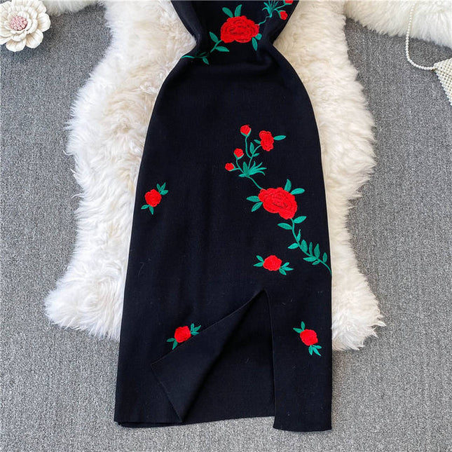 New Rose Embroidered Black Skinny Knitted Strap Split Dress for Women