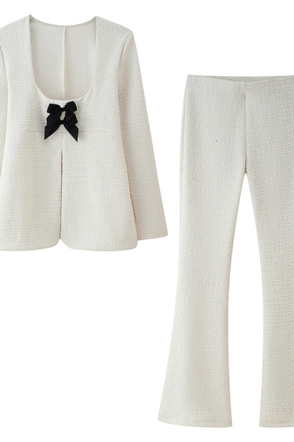 Square Collar Beige Color Front Bow Tie Long Sleeve Casual Fashion Tops Blouse for Women