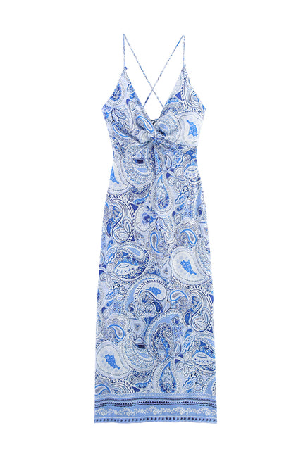 Floral Print Blue Color Floral Print Back Slit Hollow Out Pleated Casual Fashion Summer Long Dress for Women