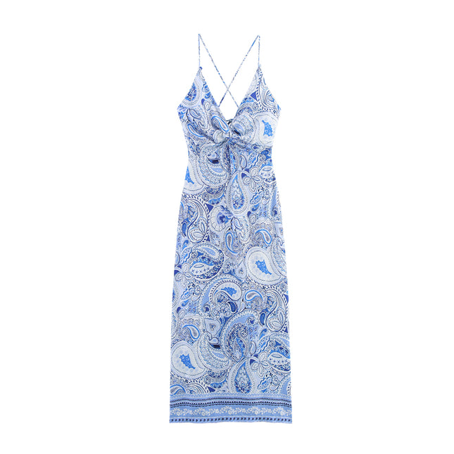 Floral Print Blue Color Floral Print Back Slit Hollow Out Pleated Casual Fashion Summer Long Dress for Women