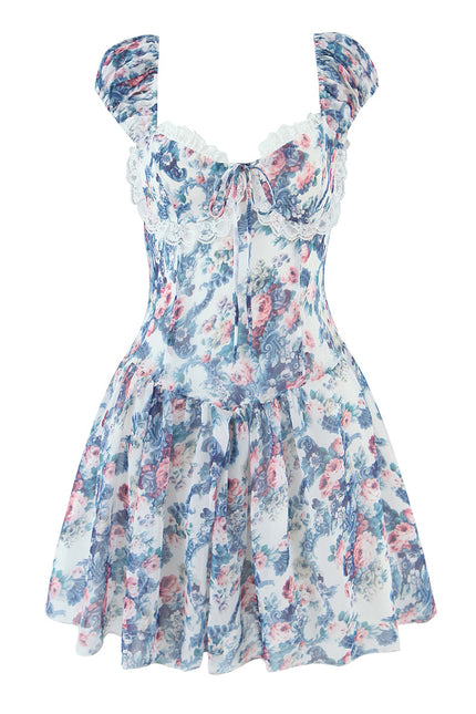 Floral Print Shoulder Strap Lace up Multi Color Casual Fashion Summer Mini Dress for Women