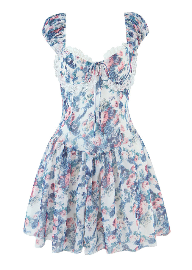 Floral Print Shoulder Strap Lace up Multi Color Casual Fashion Summer Mini Dress for Women