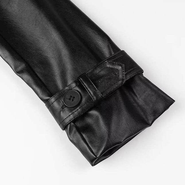 2 Colorway Long Sleeve Sashes Notched Collar Double Breasted Casual Fashion Leather Long Trench Coat for Women