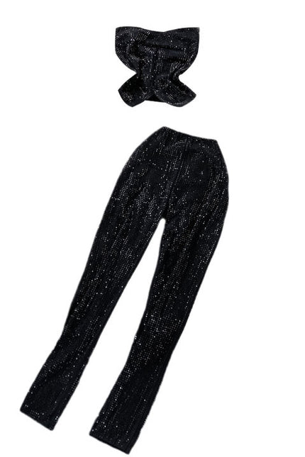 Ruffle Sexy Short Hot Drill Smocked Top Two Piece Suit High Waist Stretch Trousers Female