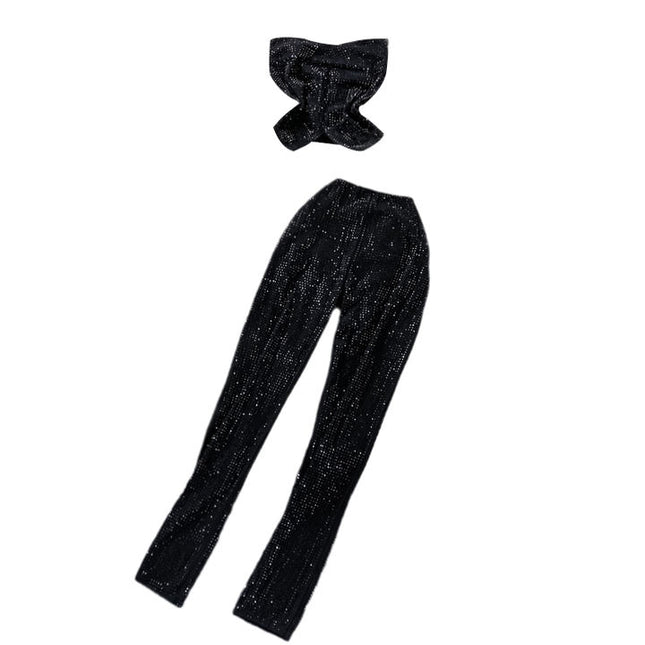 Ruffle Sexy Short Hot Drill Smocked Top Two Piece Suit High Waist Stretch Trousers Female