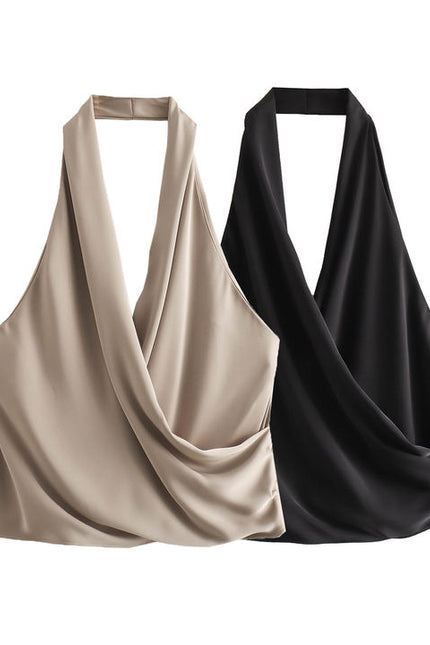 2 Colorway Front Pleated Solid Color Back Hollow Out Casual Fashion Ladies Halter tank Tops