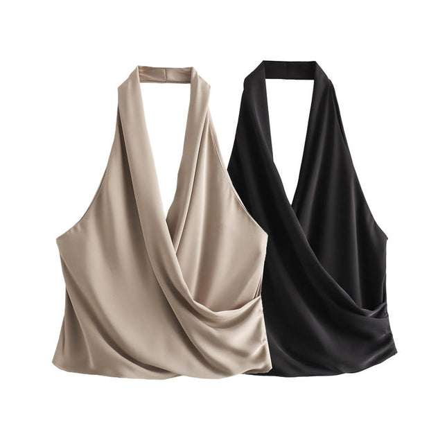 2 Colorway Front Pleated Solid Color Back Hollow Out Casual Fashion Ladies Halter tank Tops
