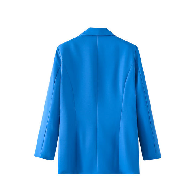 Blue Color Double Breasted Long Sleeve Notched Collar Casual blazer Jacket for Women