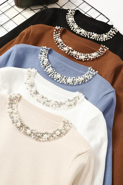 Wholesale New Autumn Winter Beaded Pullover Sweater Women's Round Neck Long-sleeved Sweater Loose Thin Sweater