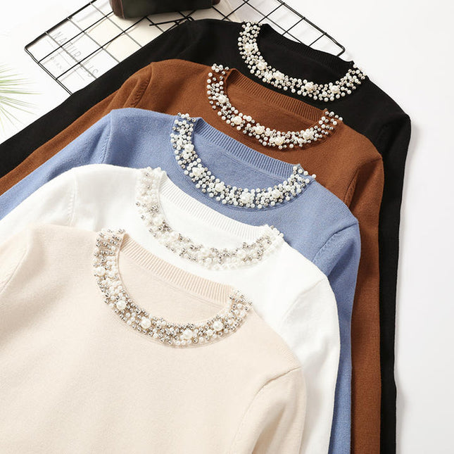 Wholesale New Autumn Winter Beaded Pullover Sweater Women's Round Neck Long-sleeved Sweater Loose Thin Sweater