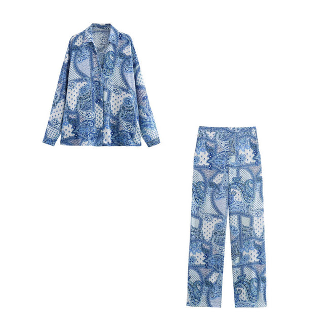 Floral Print Turn Down Collar Long Sleeve Buttons up Blue Color Casual Fashion Blouse Tops for Women