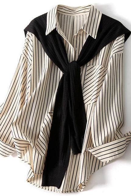 Shawl Stripe Shirt Women's Two-piece Topfashionable Autumn Lapel Long Sleeve Loose Shirts
