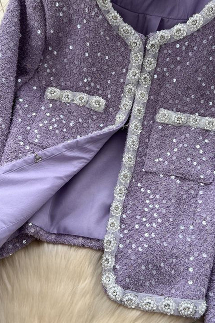 Fashion 2025 Beading Round Neck Sequins Long Sleeve Jacket Slim Skirt Women Two Piece Set