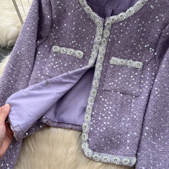 Fashion 2025 Beading Round Neck Sequins Long Sleeve Jacket Slim Skirt Women Two Piece Set