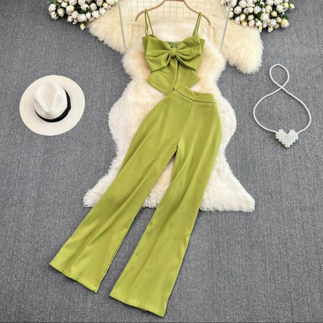 Casual Set of Female Casual Pants Pants Two-piece Bow Top Set