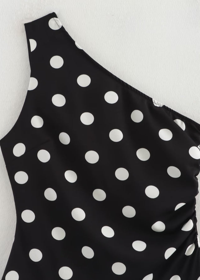 Asymmetrical Design Black White Color Polka Dot Print Casual Fashion Summer Mini Dress for Women