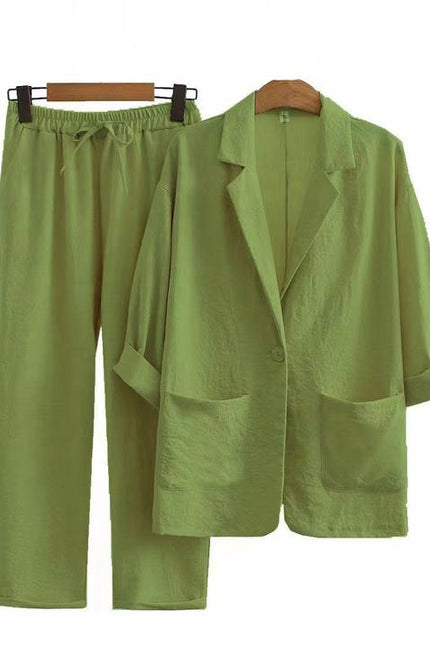 Ladies Cotton Linen 2 Piece Suit Jacket Pants Autumn Loose Fashion Casual Suit Top Set
