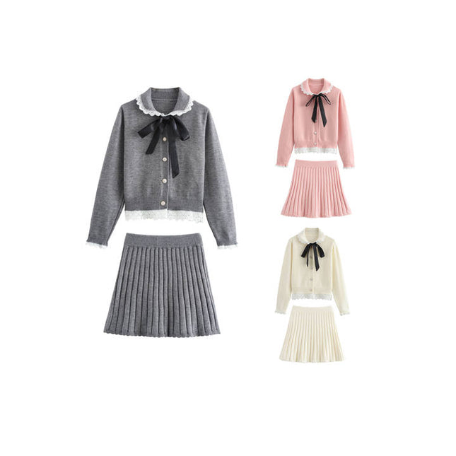 3 Colorway Peter Pan Collar Long Sleeve Cardigan Sweater Solid Color Mini Skirt Casual Fashion Women 2 Piece Set